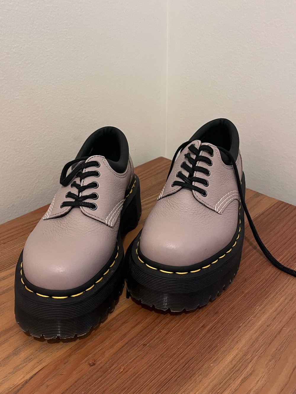 Platform Doc Martens in Light Purple with Black Sole & Gold Contrast Stitching